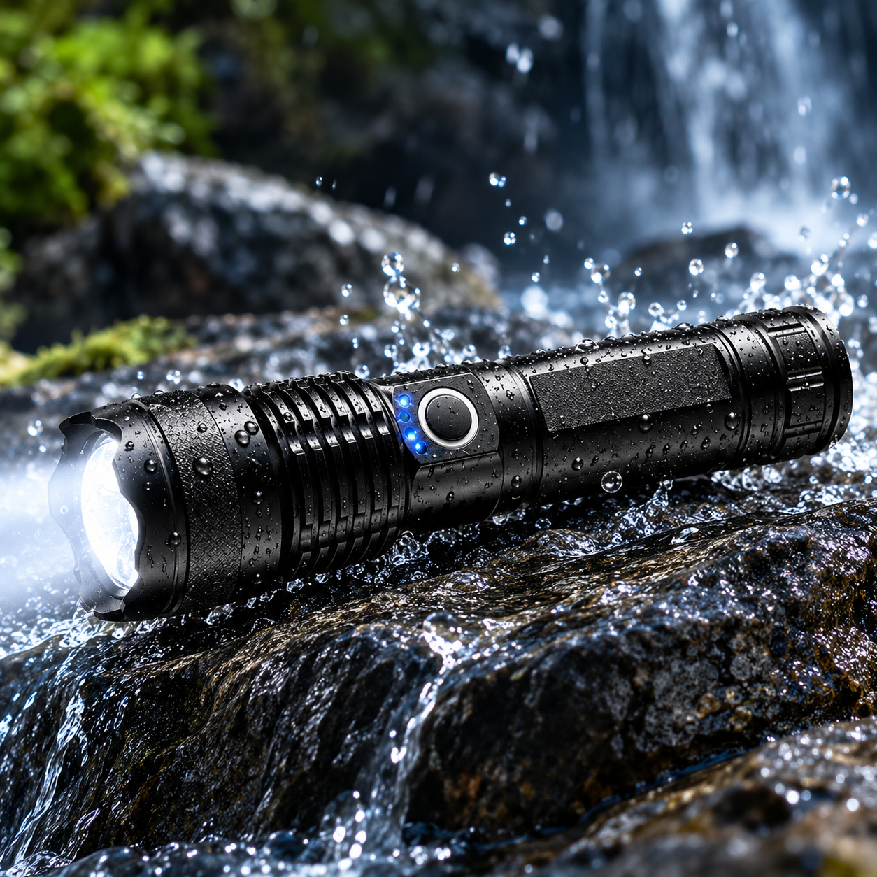 Black defense flashlight illuminating wet rocks beside a waterfall