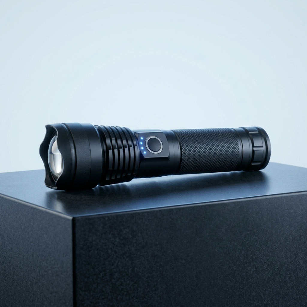 Defense flashlight on a studio pedestal, showing its grip and side switch