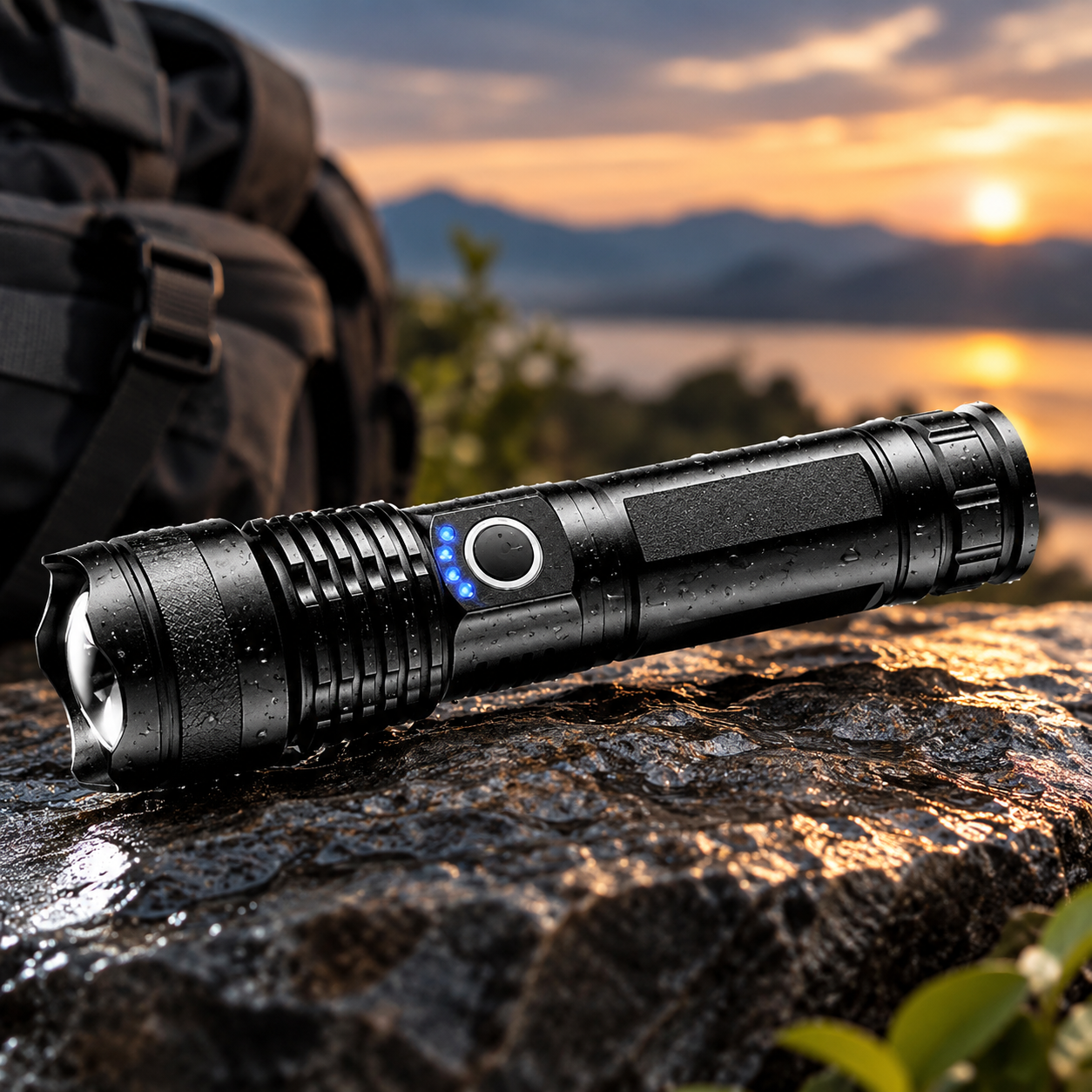 Defense flashlight beside a hiking backpack overlooking a lake at sunset